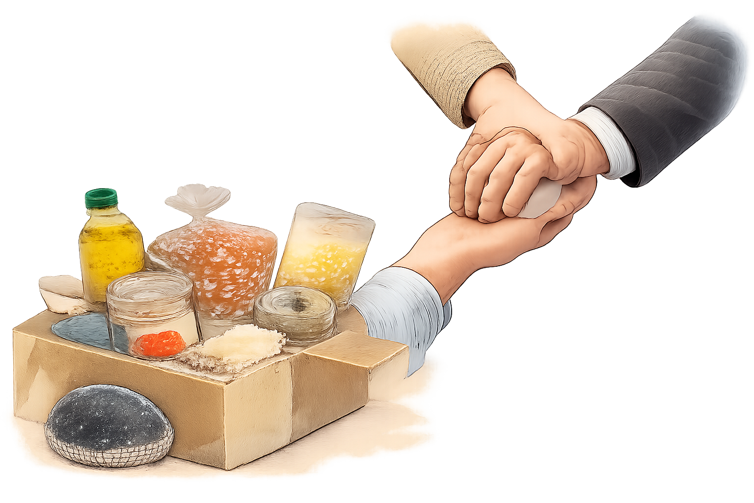 Gloved hands packing food boxes, without faces shown.